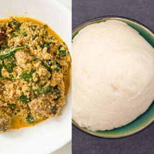 A traditional West African dish of Egusi soup served with a side of soft yam fufu, garnished with leafy greens and spices.