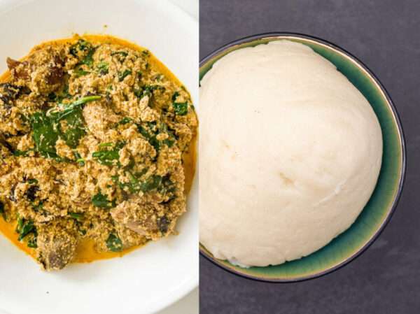 A traditional West African dish of Egusi soup served with a side of soft yam fufu, garnished with leafy greens and spices.